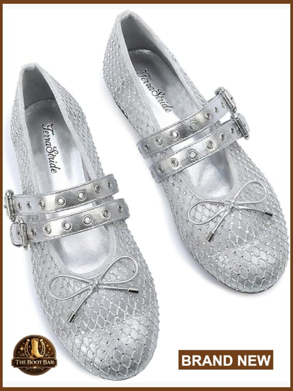 Women's Mesh Rhinestone Mary Jane Flats - Sparkly Double Strap Ballet Shoes